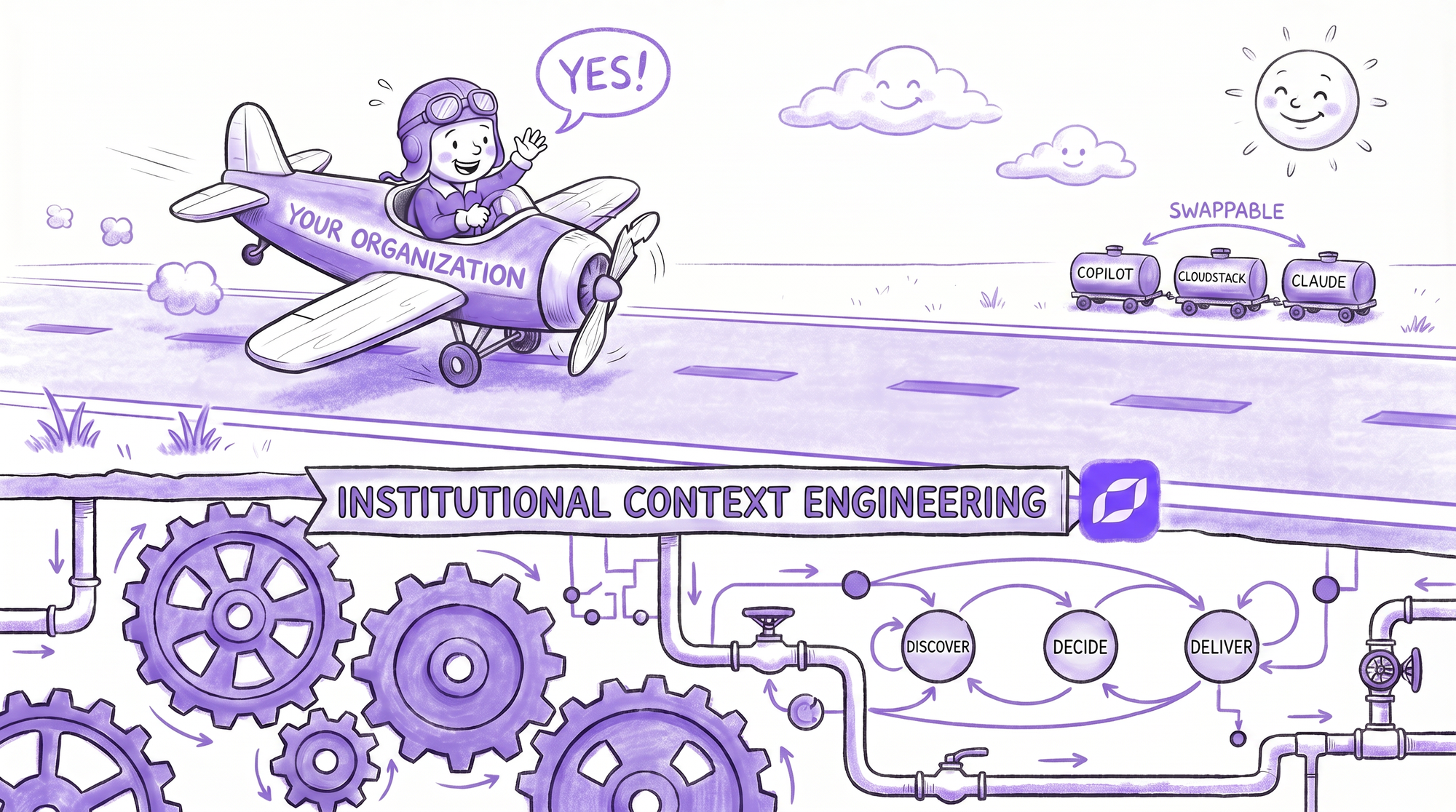 Hand-drawn illustration in Inloop’s chalk-and-purple style: the same pilot now smiles and waves as their plane labelled ‘Your Organization’ lands confidently on a pristine single runway. Beneath the runway surface, a cross-section reveals a layer of interlocking gears, pipes, and a DISCOVER / DECIDE / DELIVER state-machine loop — the Finite Object State Machine foundation. A banner between the two layers reads ‘Institutional Context Engineering’ with the Inloop floop mark beside it. In the distance, three swappable fuel-tank wagons labelled Copilot, Cloudstack and Claude sit parked — interchangeable compute providers, optional equipment. The sun and clouds smile.